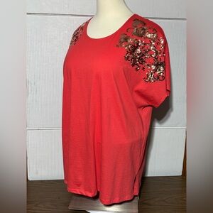 Roaman’s Women’s 2X (26-28) orange with gold sequins short sleeve shirt 31”L